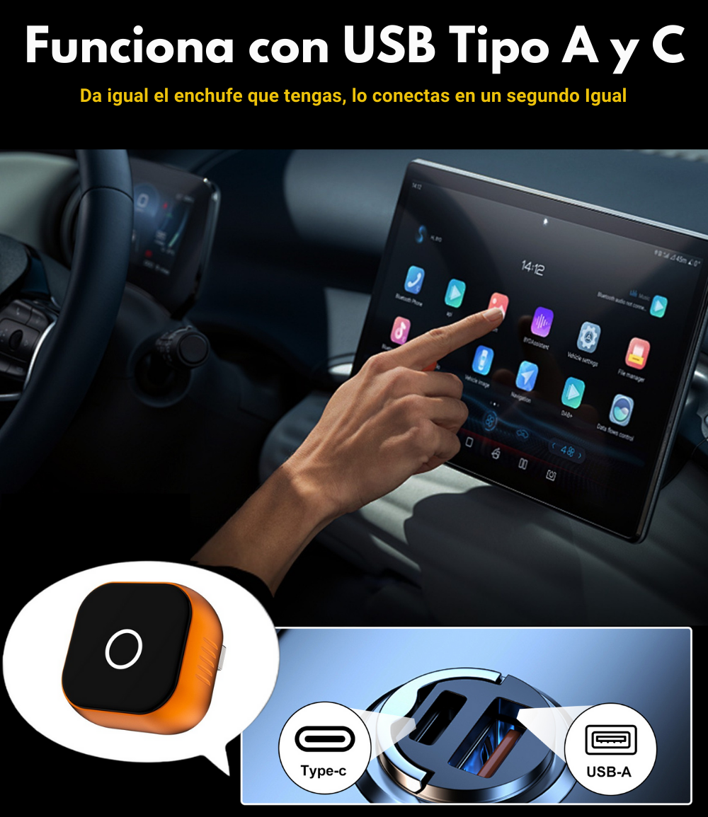 SwiftLink SE Max Adaptador USB para Carplay y Android Auto/Negro-Naranja