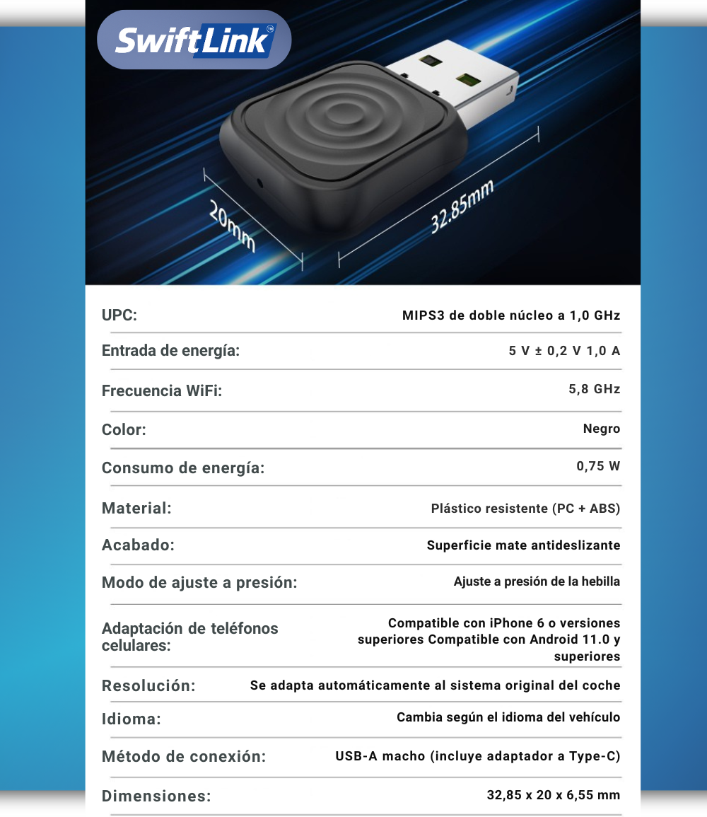 SwiftLink Mini Adaptador USB para Carplay y Android Auto
