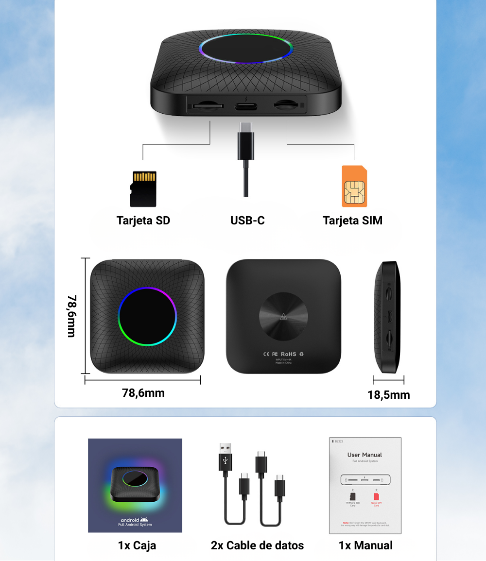 SwiftLink AIBOX 2025 – Adaptador inalámbrico CarPlay y Android Auto | Chip SM6225 | 4GB RAM + 64GB de Memoria | Android 13 | Compatible con más de 800 modelos de coche