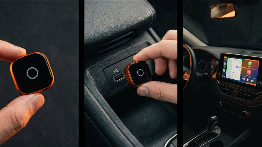 Instalación del SwiftLink SE Max en tres pasos: sostener el adaptador, enchufarlo al USB del coche y CarPlay funcionando en pantalla