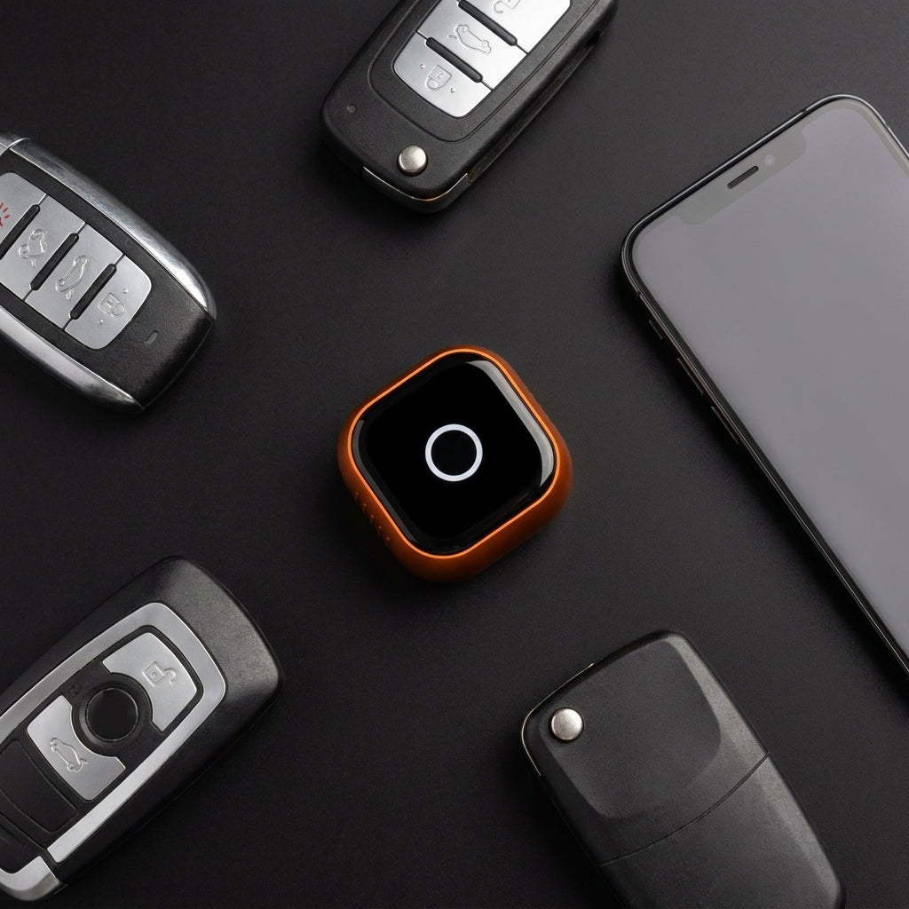 SwiftLink SE Max rodeado de llaves de distintas marcas de coche y un móvil, compatible con más de 800 modelos