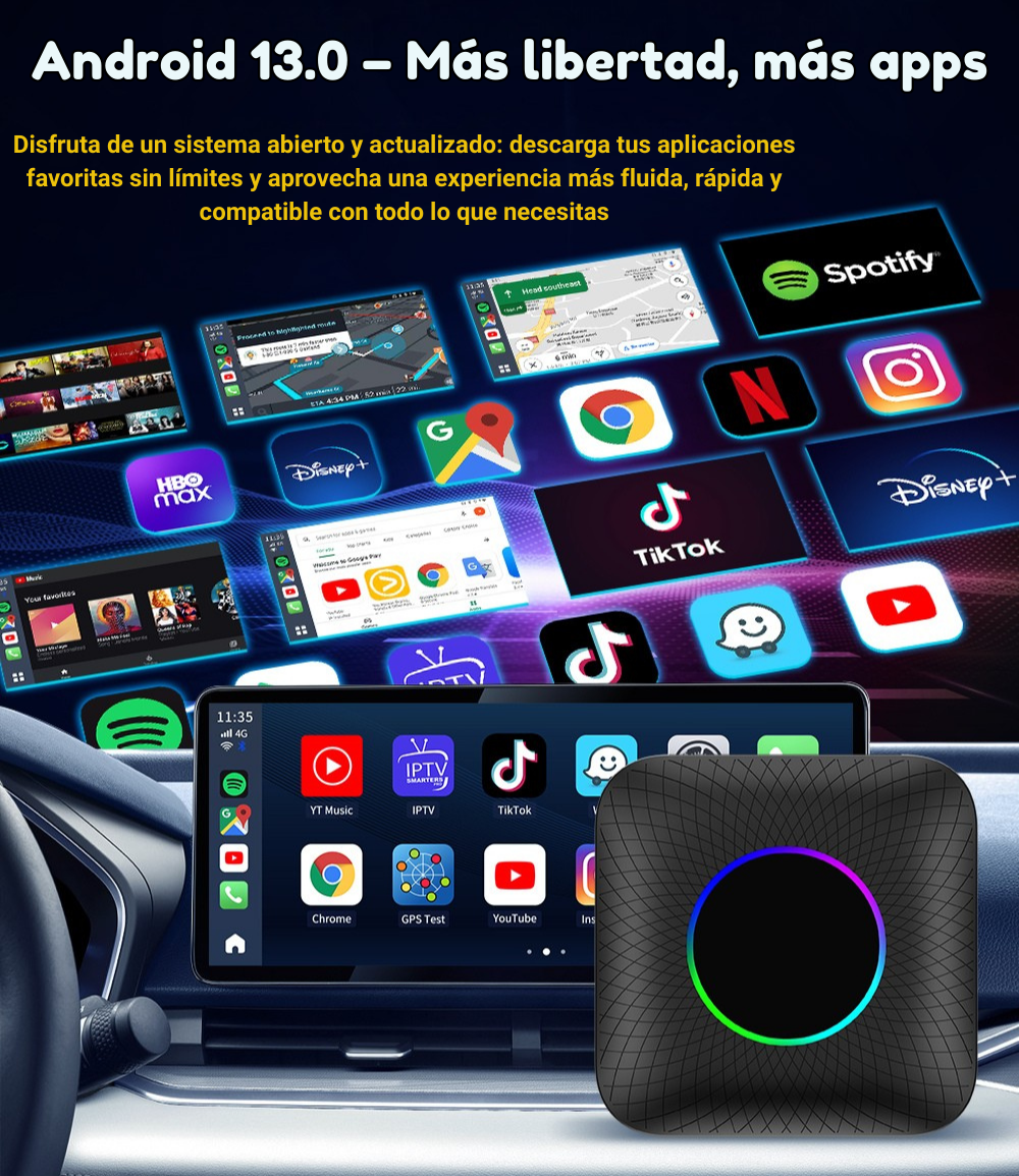 SwiftLink AIBOX 2025 – Adaptador inalámbrico CarPlay y Android Auto | Chip SM6225 | 4GB RAM + 64GB de Memoria | Android 13 | Compatible con más de 800 modelos de coche